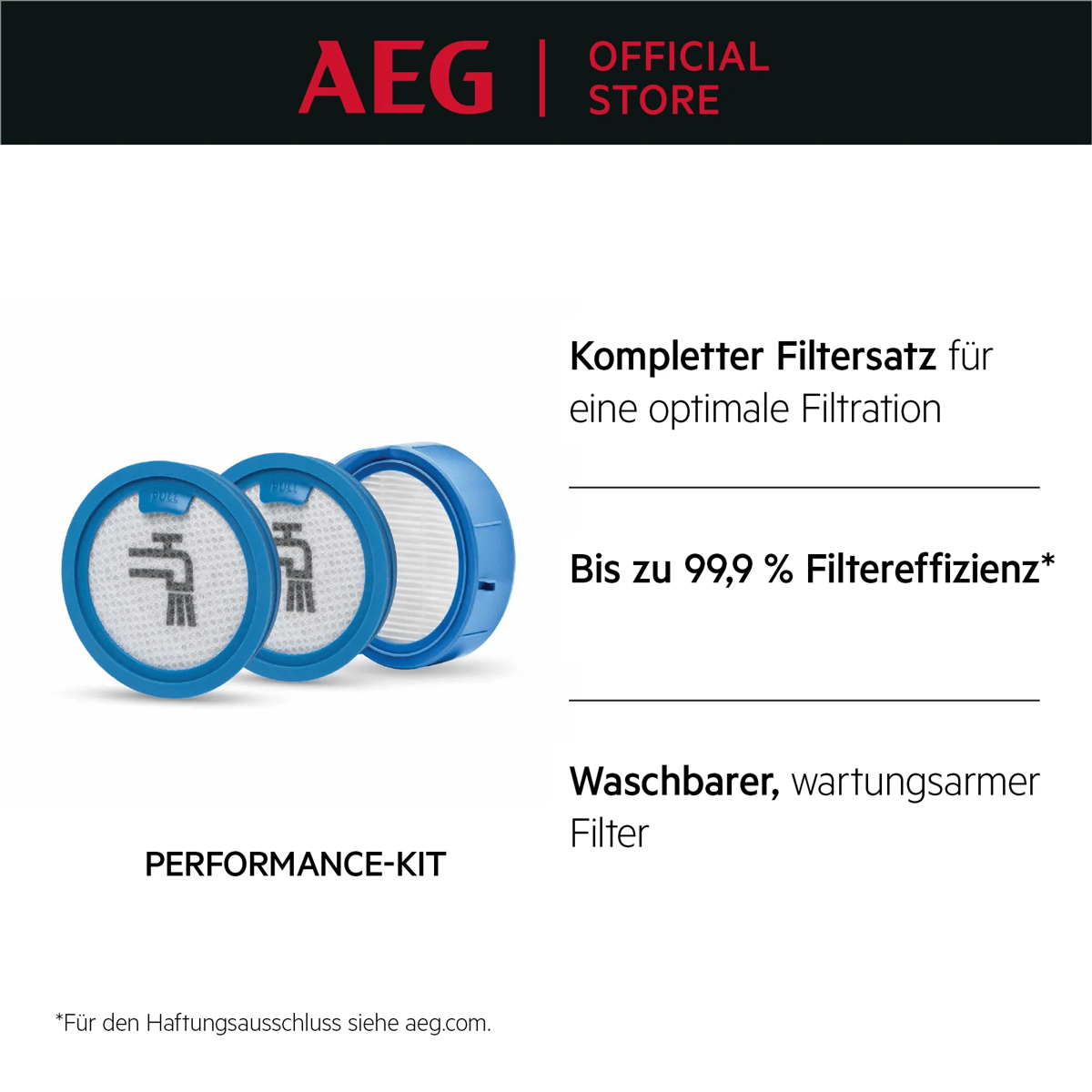 Kit de rendimiento AEG con tres filtros azules y blancos y texto del producto.