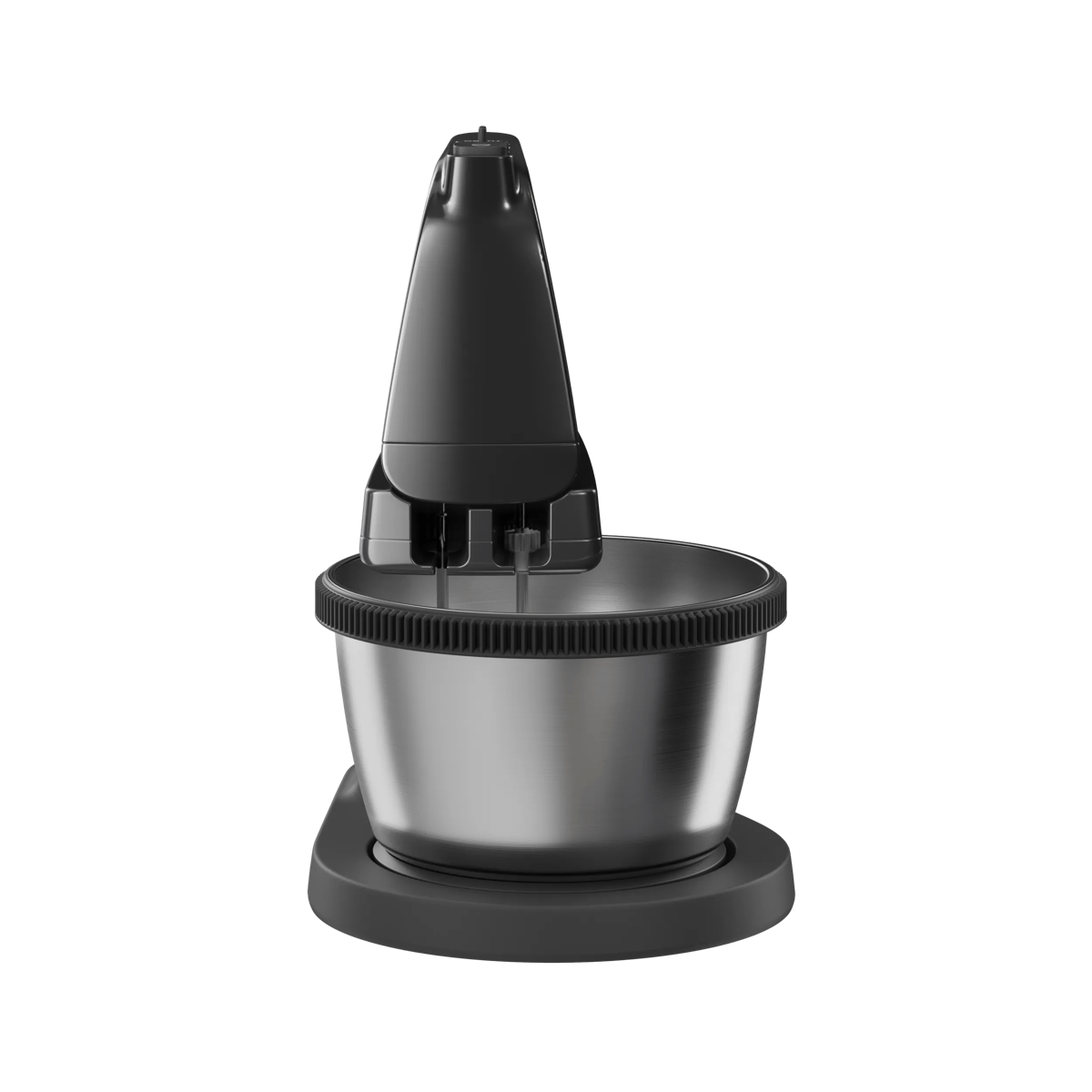 Una batidora de pedestal negra con un tazón de acero inoxidable sobre una base negra.