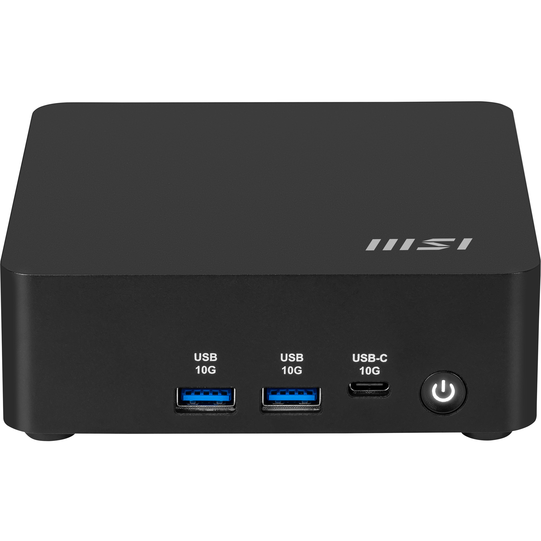 Mini PC MSI nero con due porte USB 10G, una porta USB-C e un pulsante di accensione sul davanti.