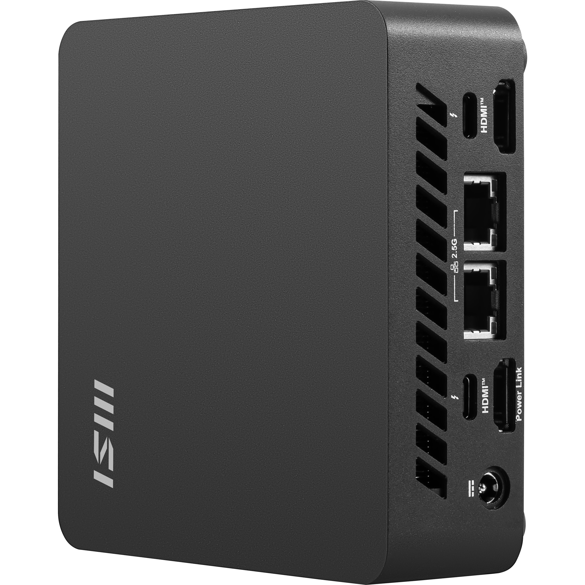 Mini PC MSI nero con porte sul lato destro, tra cui HDMI ed Ethernet.