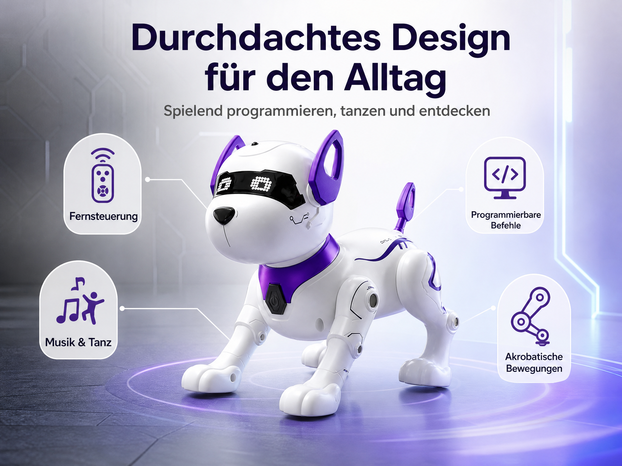 Ein weiß-lila Roboterhund mit digitalen Augen und vier Funktionssymbolen auf grau-blauem Hintergrund.