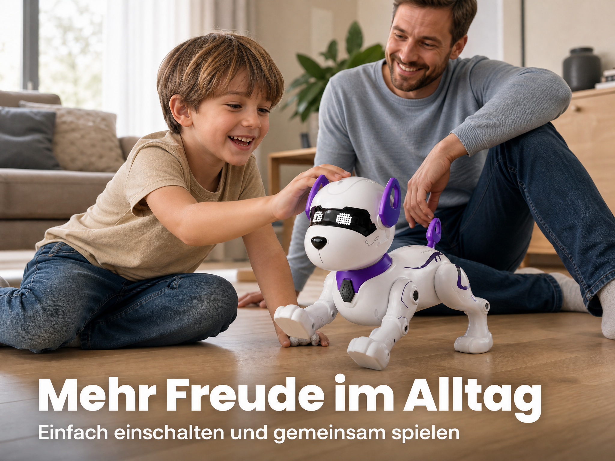 Ein Junge und ein Mann spielen mit einem weißen Roboterhund auf dem Holzfußboden eines Wohnzimmers.