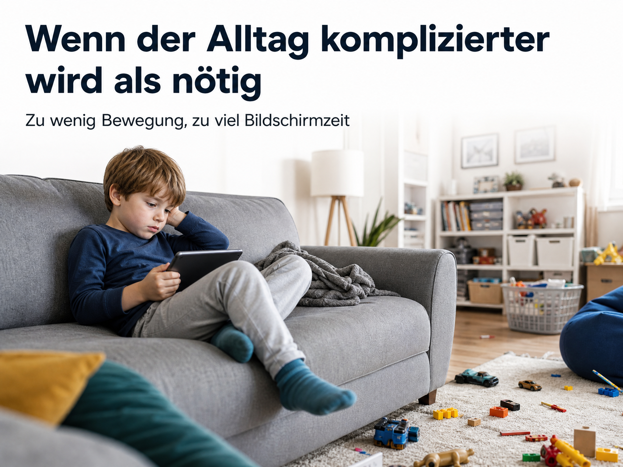 Ein Junge sitzt in einem unaufgeräumten Wohnzimmer auf einem Sofa und spielt mit einem Tablet.