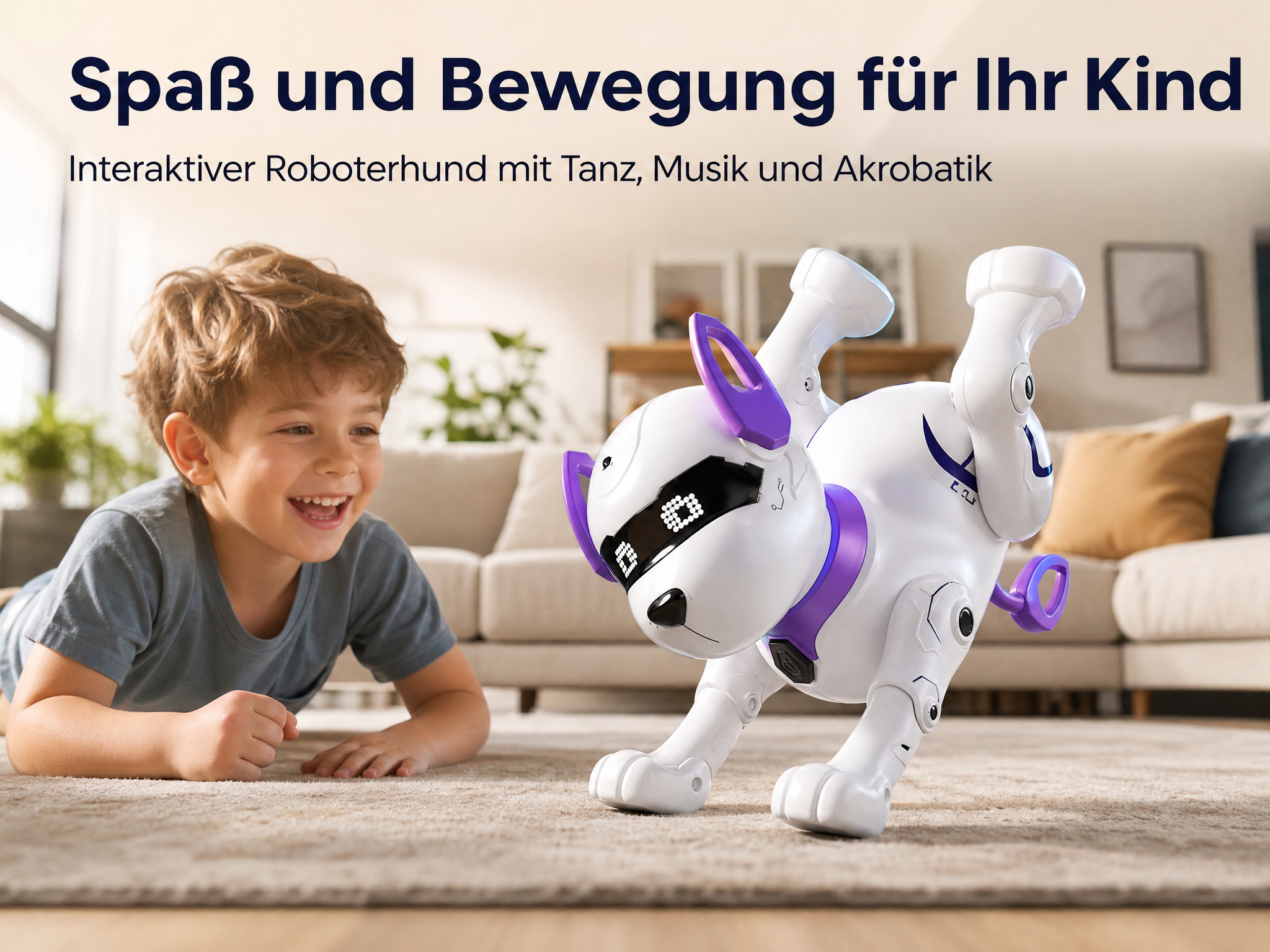 Ein glücklicher Junge schaut auf dem Teppich einem weißen Roboterhund mit lila Akzenten zu, der Akrobatik macht.