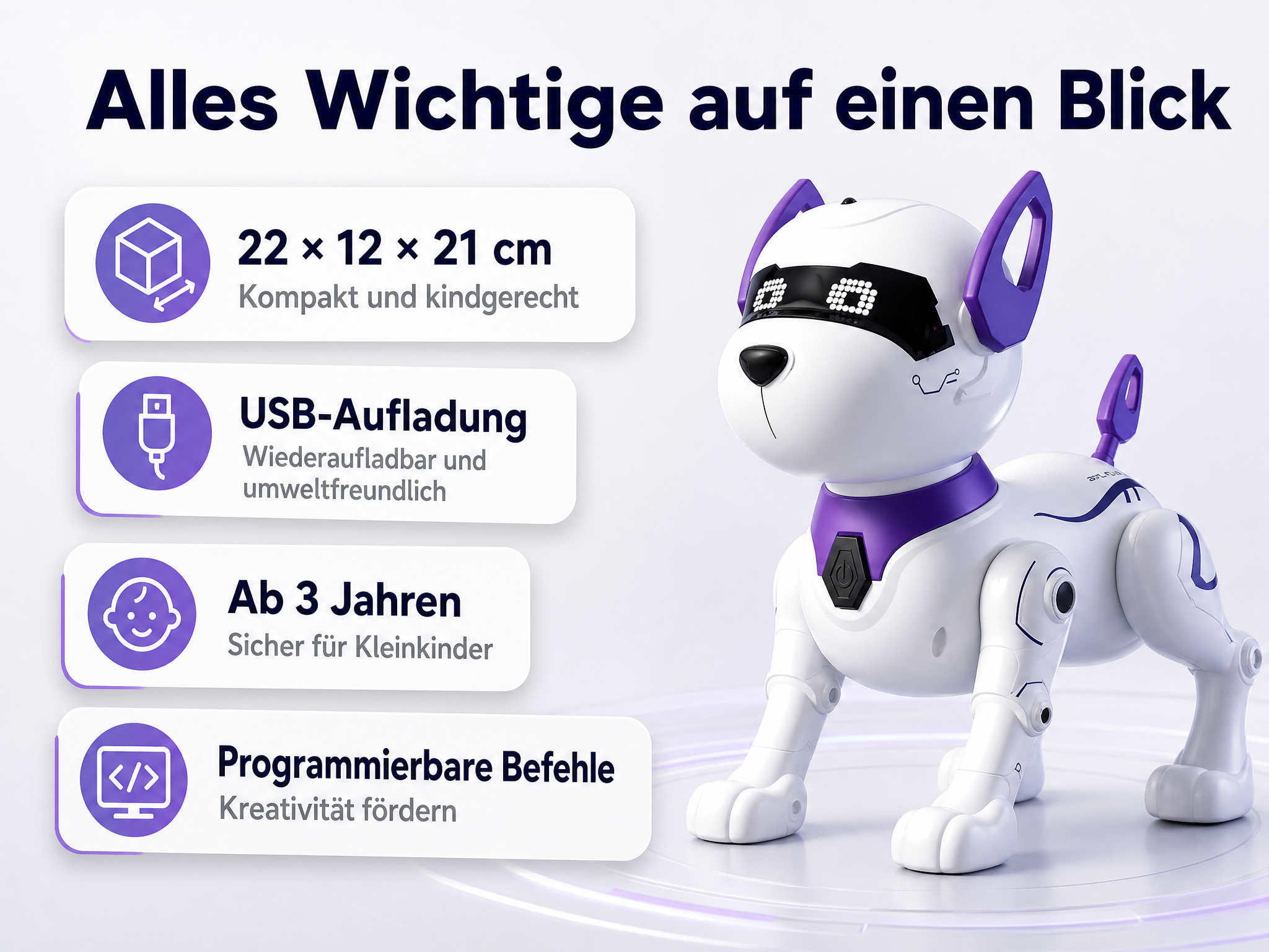 Ein weiß-lila roboterhund-Spielzeug mit LED-Augen, daneben Textboxen mit Produktmerkmalen auf hellem Hintergrund.