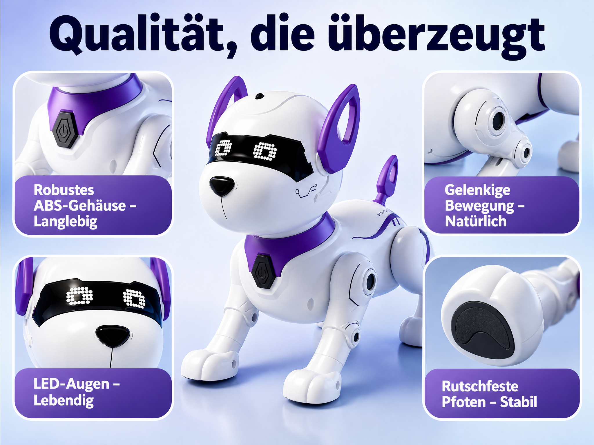 Weißes Roboterhund-Spielzeug mit lila Akzenten, LED-Augen und erklärenden Detailbildern.