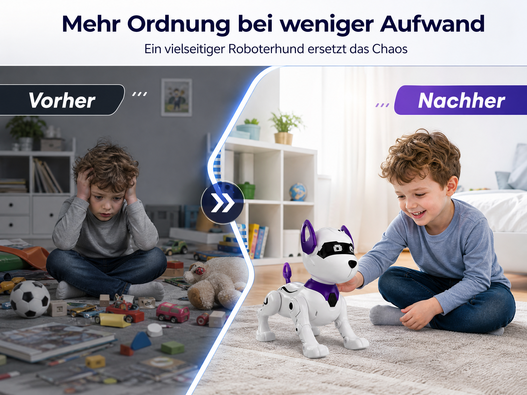 Vergleichsbild: Ein Junge sitzt in einem chaotischen Zimmer und danach fröhlich mit einem Roboterhund.