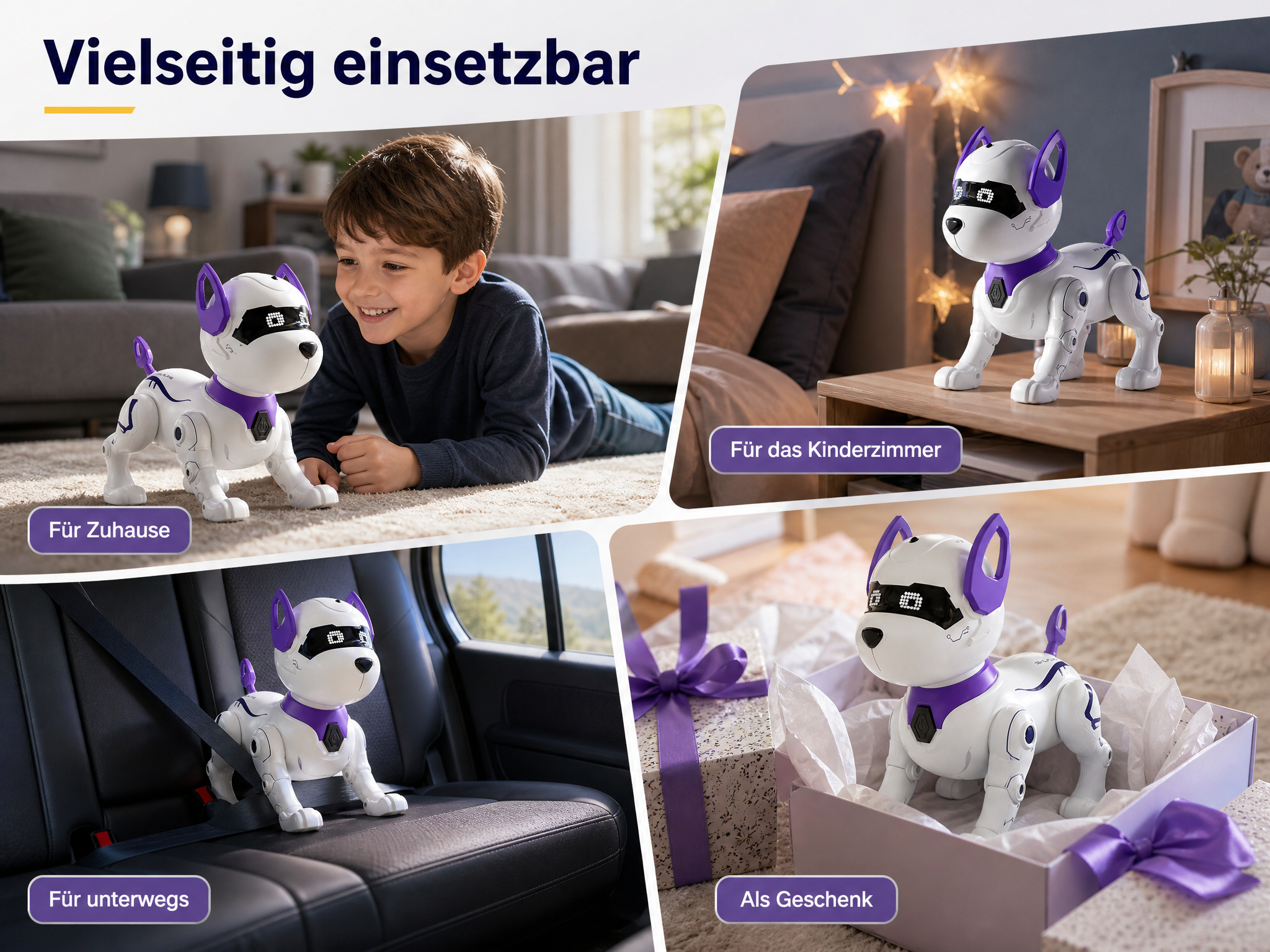 Ein weiß-lila Roboterhund-Spielzeug in verschiedenen Umgebungen wie zu Hause, im Auto, im Schlafzimmer und als Geschenk.