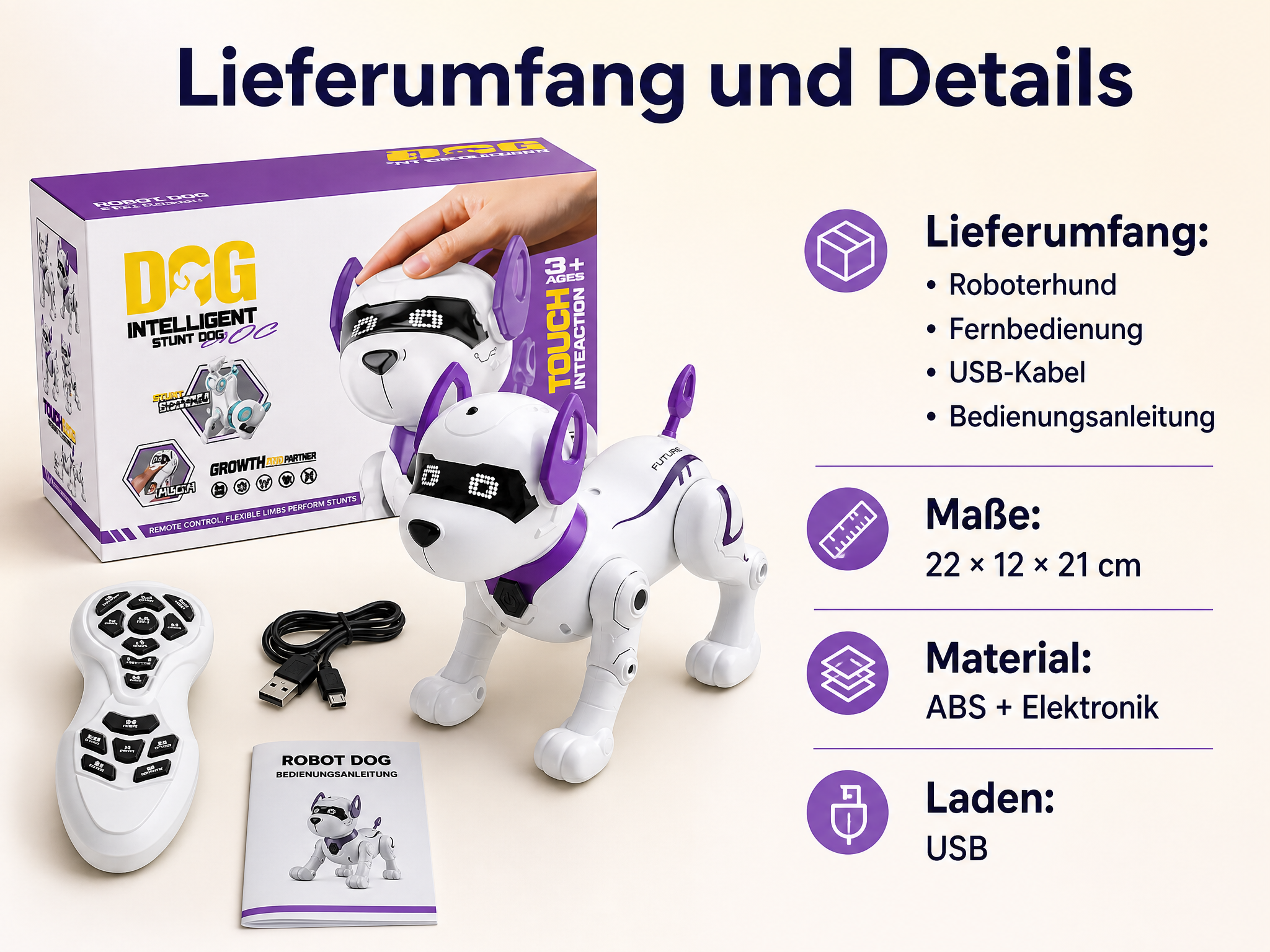 Ein weiß-lila Roboterhund mit Fernbedienung, Kabel, Anleitung und Verpackung.