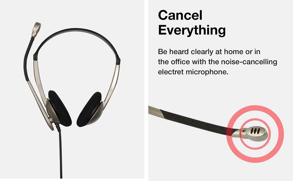Auriculares con micrófono con cancelación de ruido y texto sobre sonido claro.