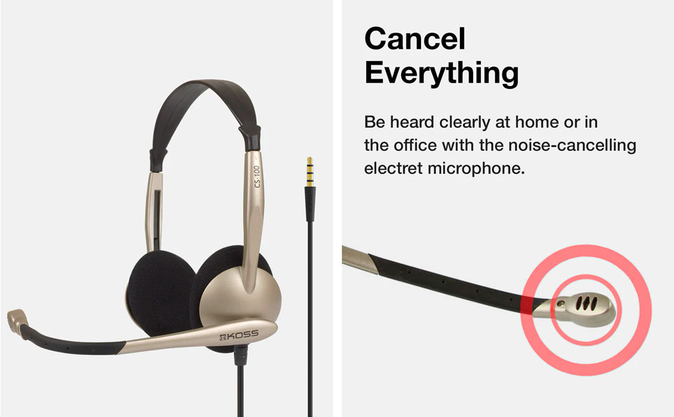 Auriculares dorados con micrófono y texto sobre cancelación de ruido.