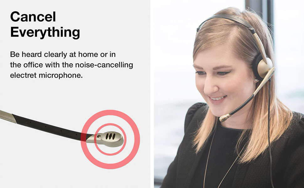 Una mujer lleva auriculares con micrófono y texto que promueve la cancelación de ruido.