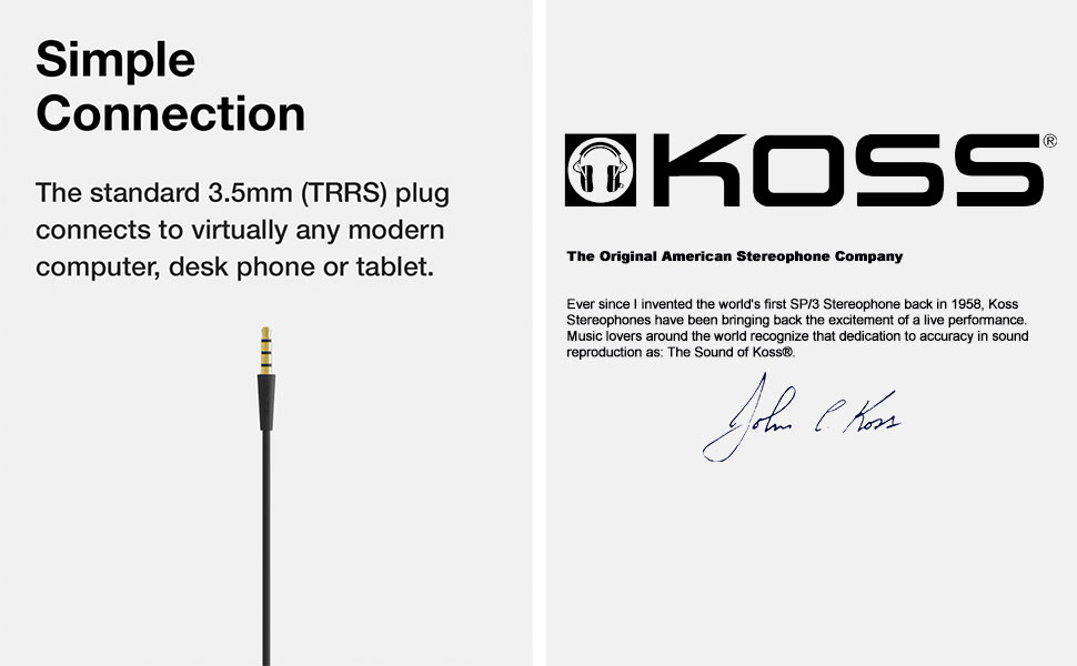 Una imagen instructiva sobre auriculares Koss, mostrando un conector de 3.5 mm y el logotipo.