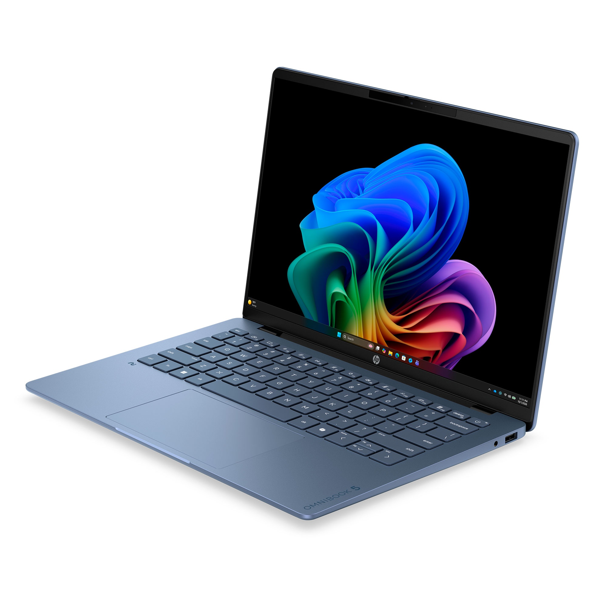 Un ordenador portátil azul con teclado negro y pantalla que muestra una colorida onda abstracta.