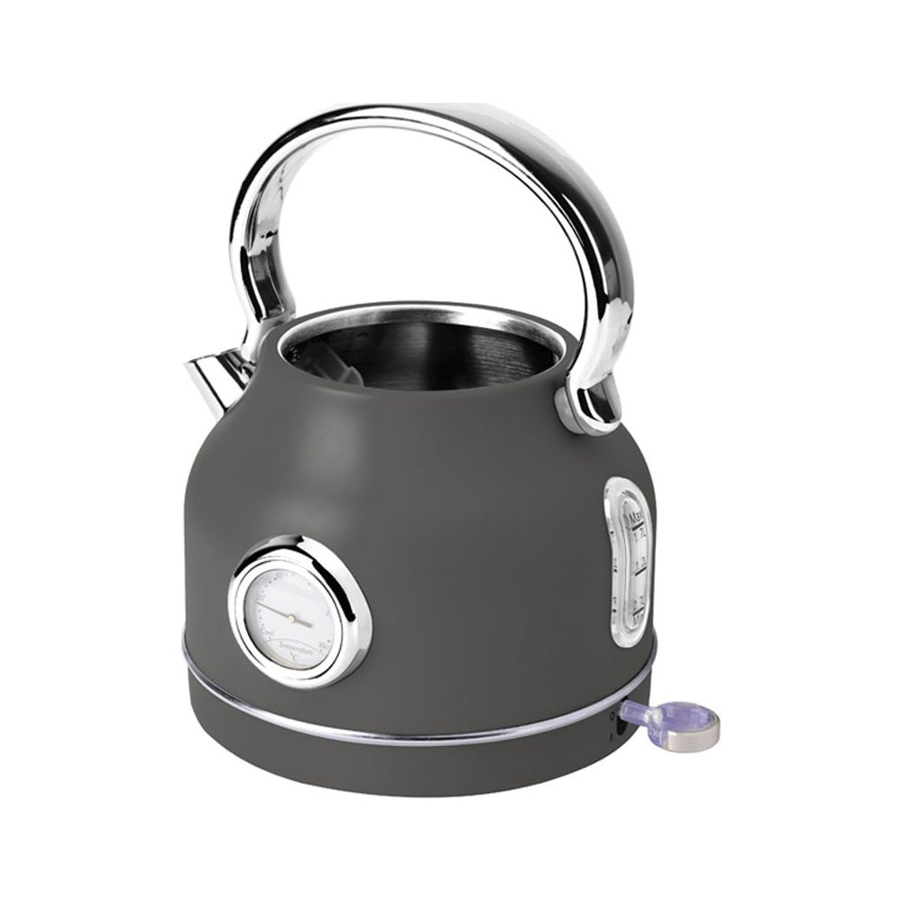 Bollitore elettrico retro grigio con manico cromato, termometro integrato e livello dell'acqua su base.