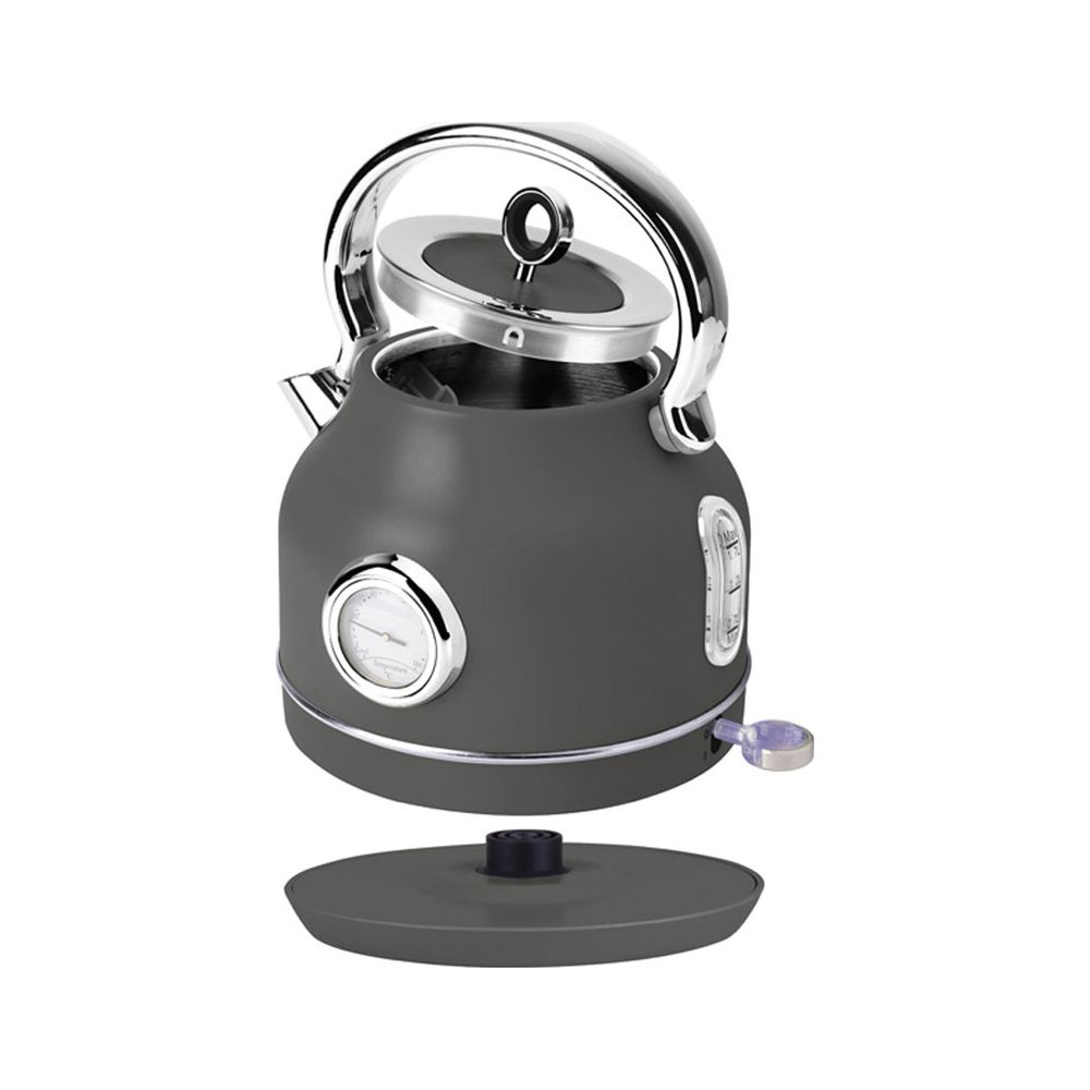Bollitore elettrico grigio con termometro, coperchio aperto e base separata.