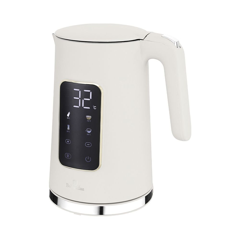 Bollitore elettrico color crema con display digitale e comandi a sfioramento sul lato, su sfondo bianco.