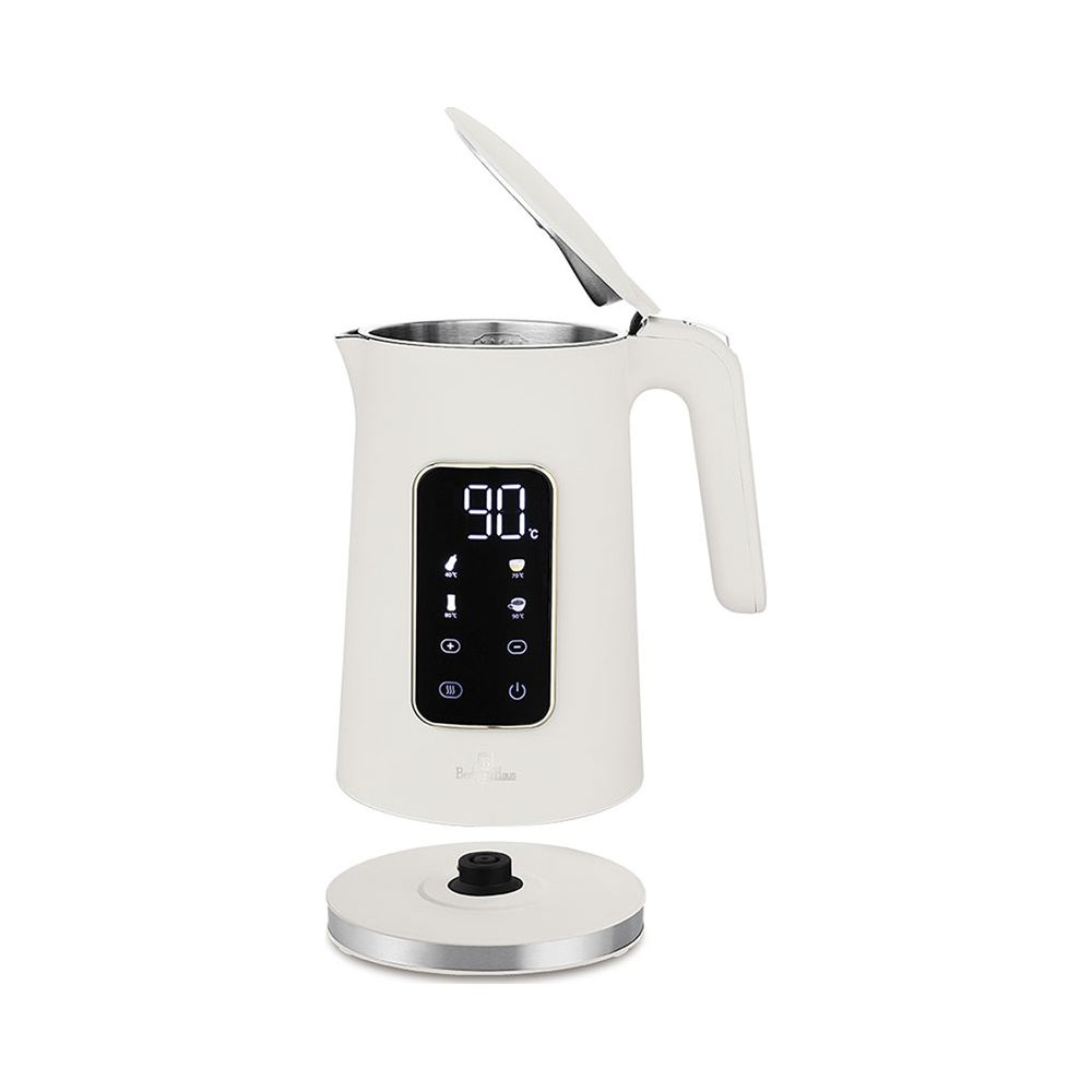 Un bollitore elettrico bianco con display digitale e coperchio aperto fluttua sopra la sua base.