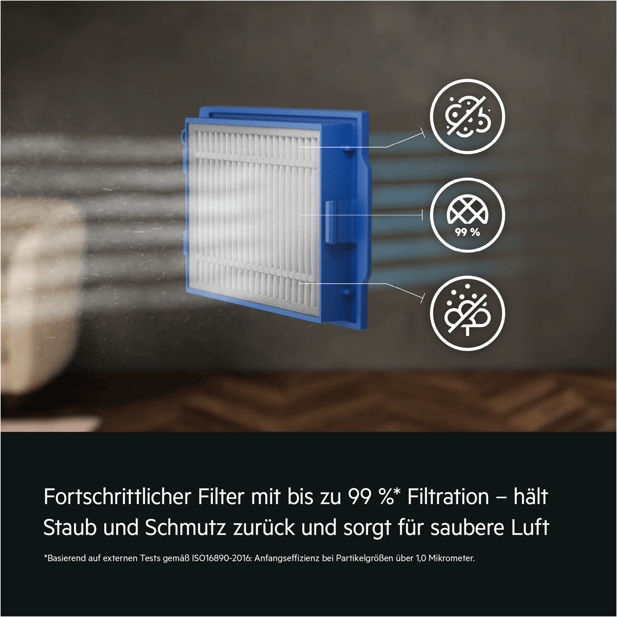 Un filtro de aire azul con pliegues blancos e iconos muestra la purificación de aire con 99% de eficiencia.