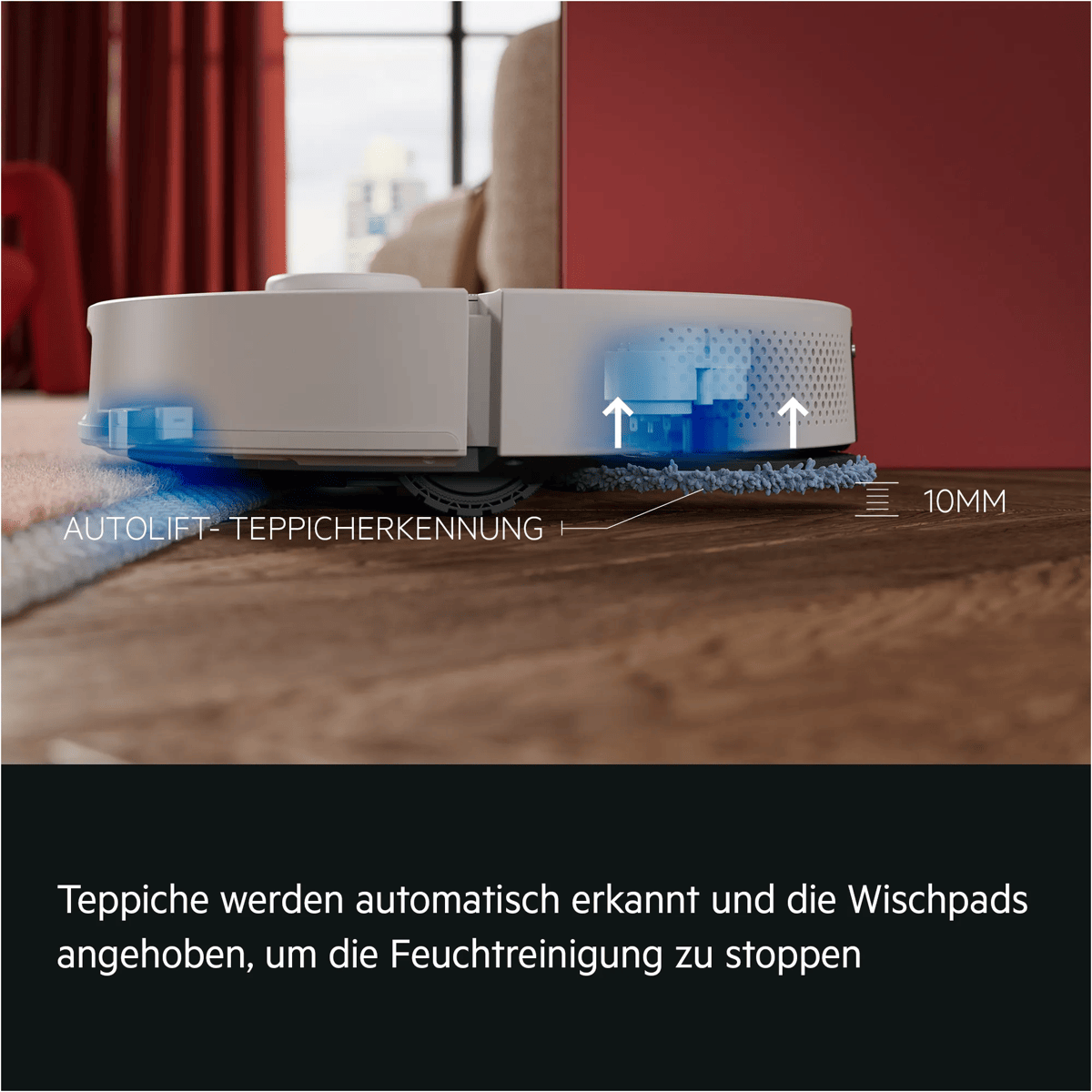 Un robot aspirador eleva sus mopas 10 mm al detectar alfombras.