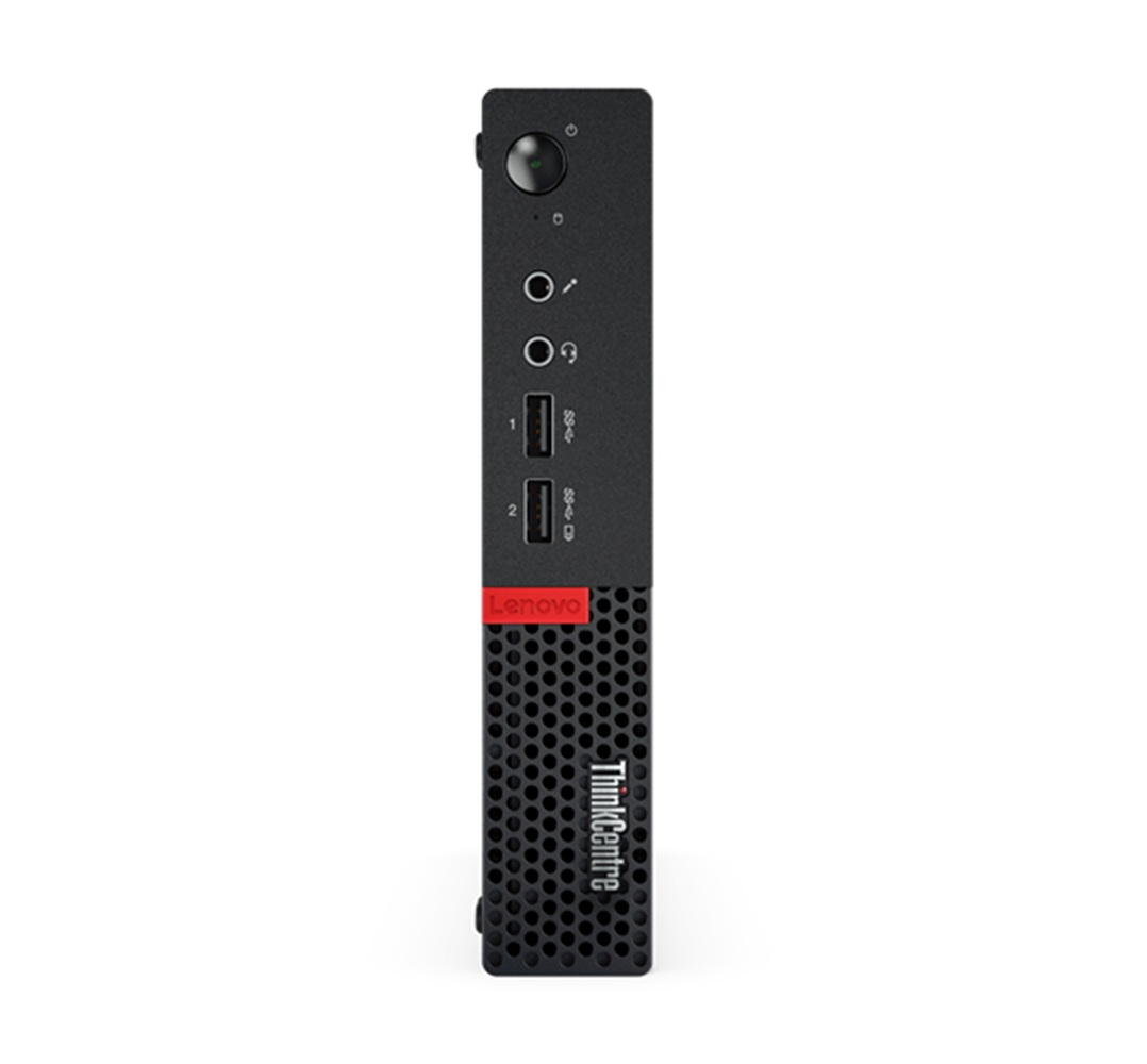 Vista frontal de una mini PC Lenovo ThinkCentre negra con botón de encendido, puertos y logo rojo sobre fondo blanco.