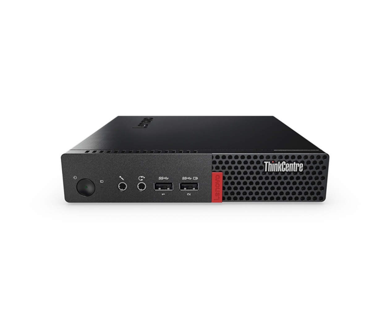 Un mini PC Lenovo ThinkCentre negro con puertos frontales y rejilla de ventilación.