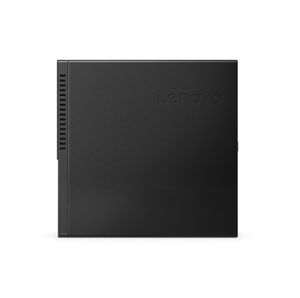 Un mini PC Lenovo negro sobre una superficie blanca, con ranuras de ventilación laterales.