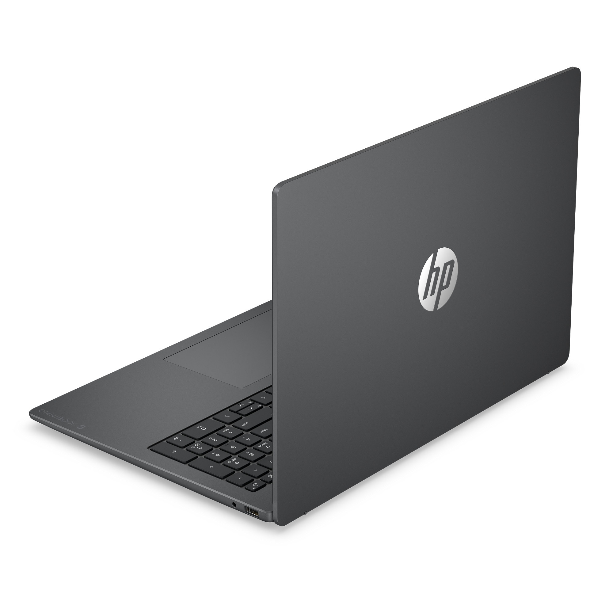 Un ordenador portátil HP OmniBook 3 gris sobre fondo blanco con el logotipo de HP.