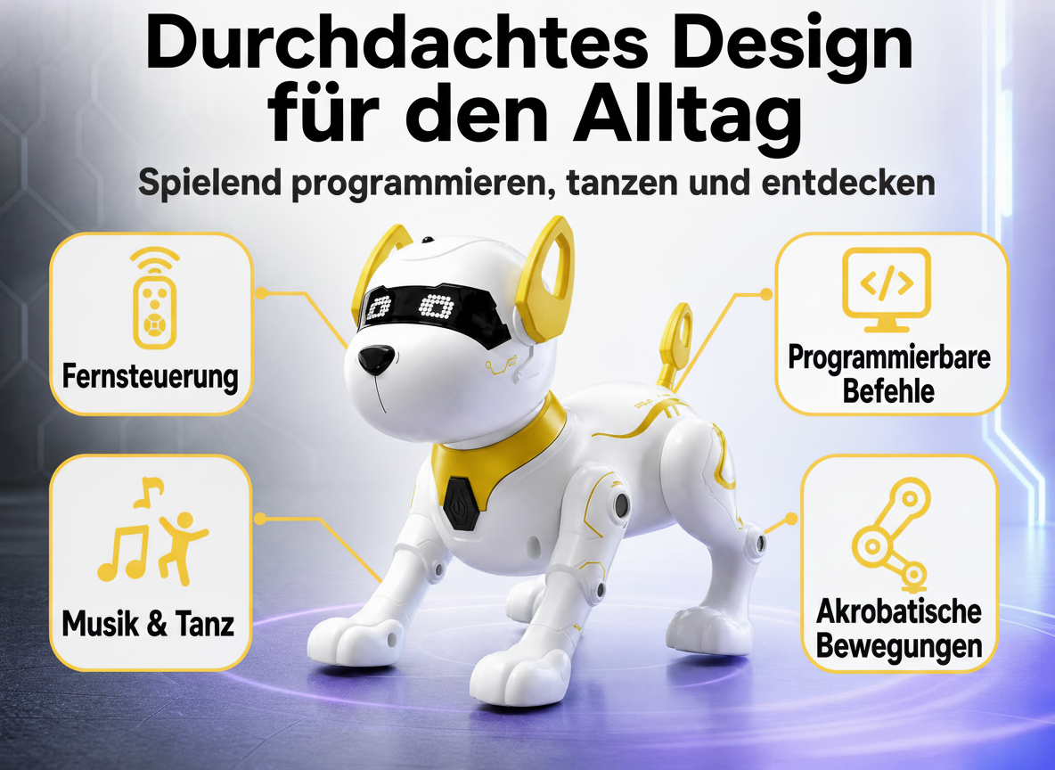 Ein weiß-gelber Roboter-Hund mit vier Funktionssymbolen umgeben, vor einem leuchtend lila Hintergrund.