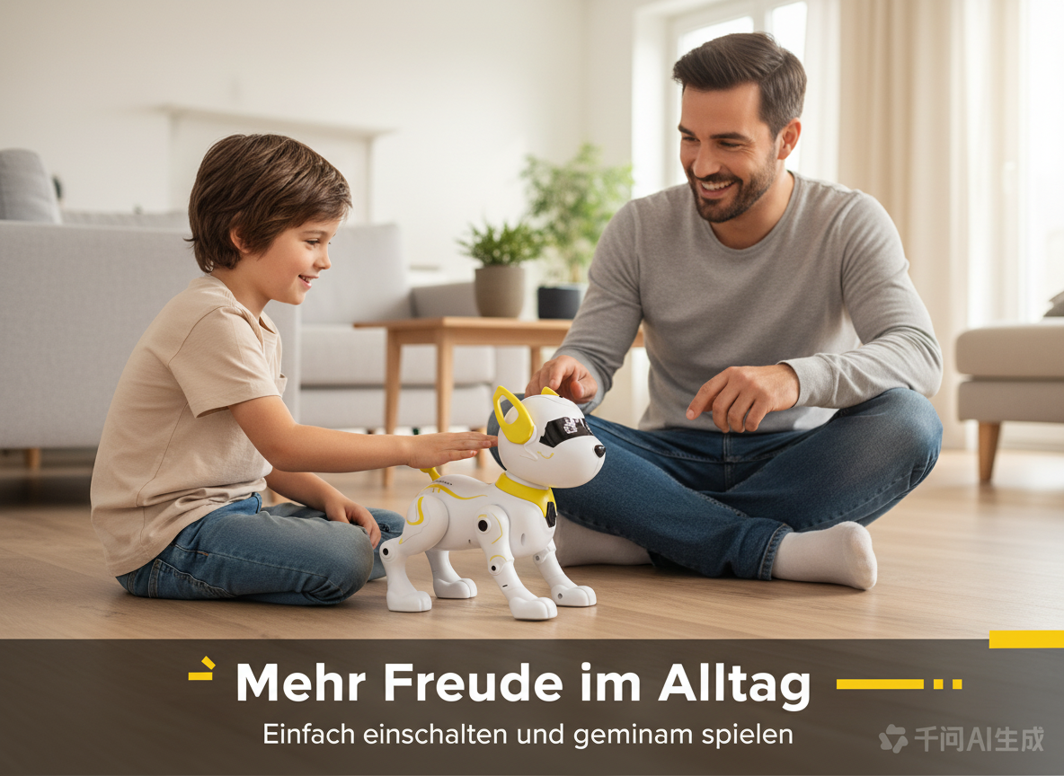 Vater und Sohn sitzen auf dem Boden, lächeln und spielen mit einem weißen Roboterhund.