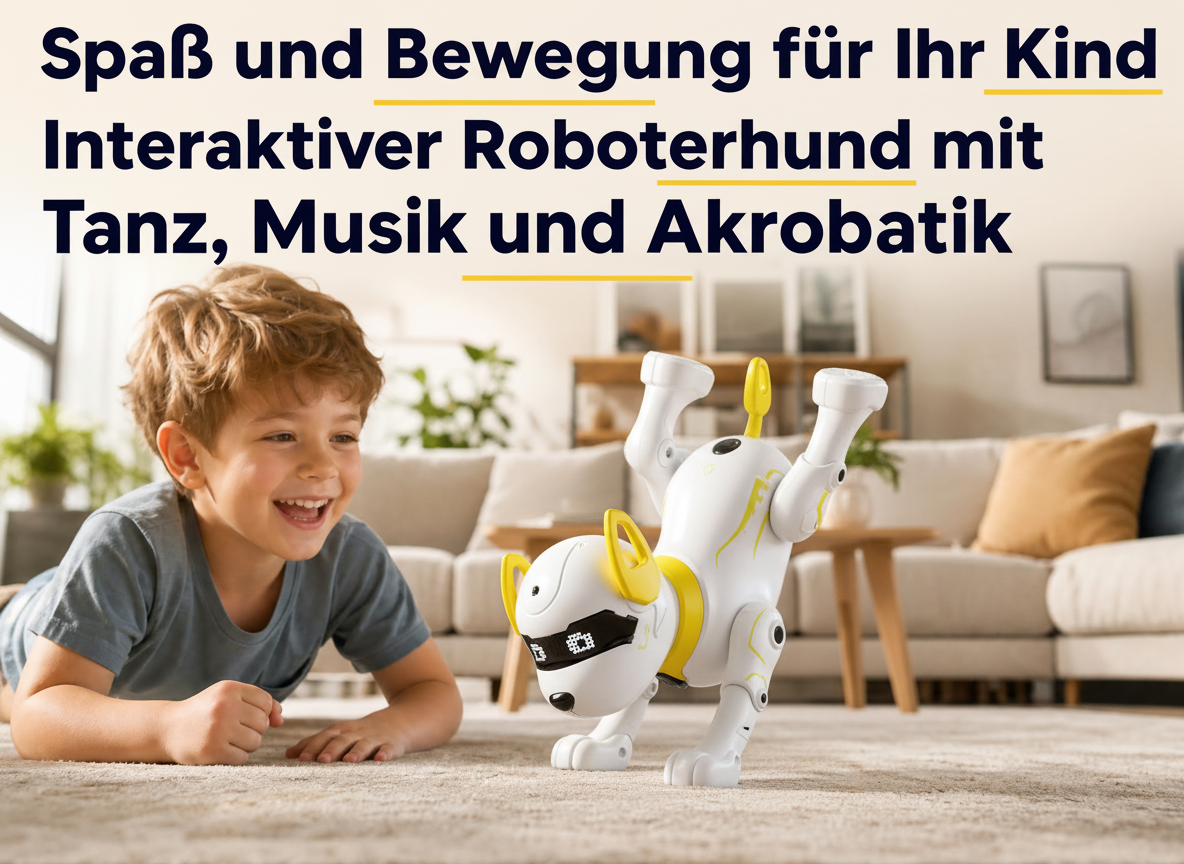Ein lächelnder Junge liegt auf einem Teppich und sieht zu, wie ein weiß-gelber Roboterhund im Wohnzimmer einen Handstand macht.