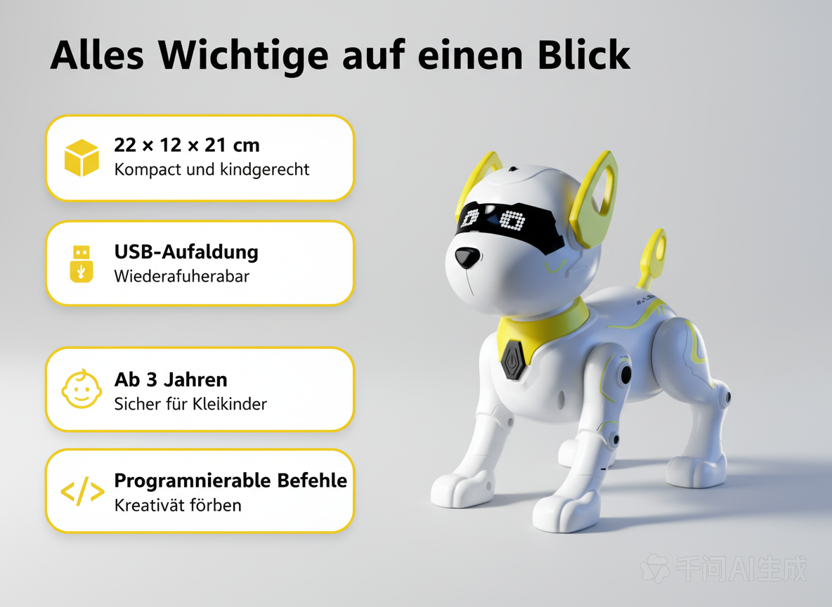 Ein weißer Roboterhund mit gelben Akzenten und Infoboxen auf weißem Hintergrund.