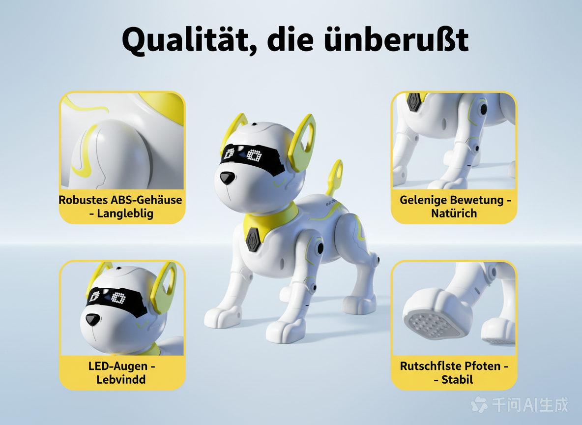 Ein weißer Roboterhund mit gelben Akzenten und vier Detailaufnahmen, die Körper, Beine, LED-Augen und Pfoten zeigen.