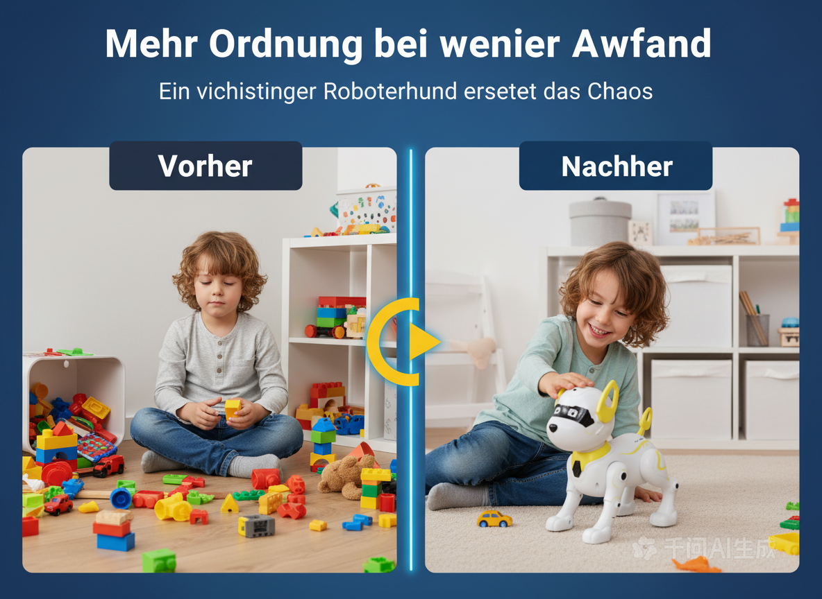 Vergleichsbild: Ein Kind sitzt in einem chaotischen Zimmer voller Spielzeug und danach ordentlich mit Roboterhund.