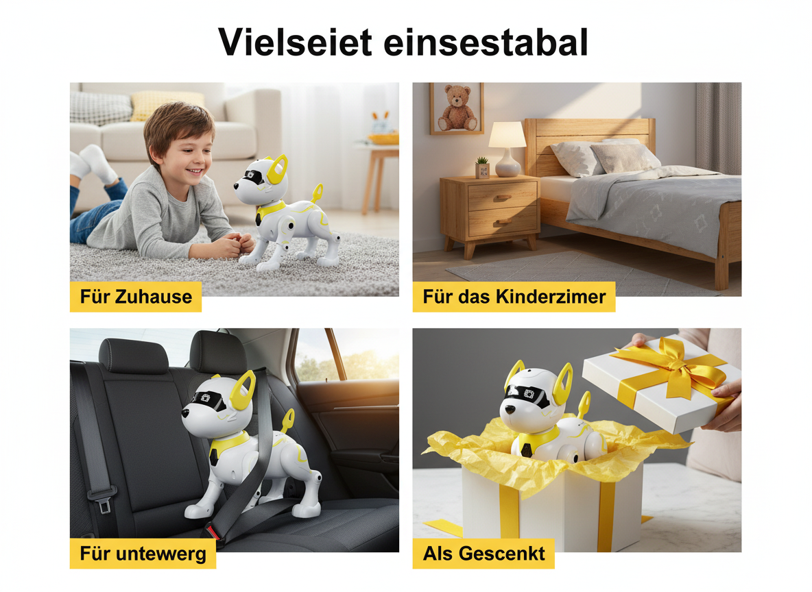 Ein vierteiliges Bild zeigt einen weiß-gelben Roboterhund zu Hause, im Kinderzimmer, im Auto und als Geschenk.