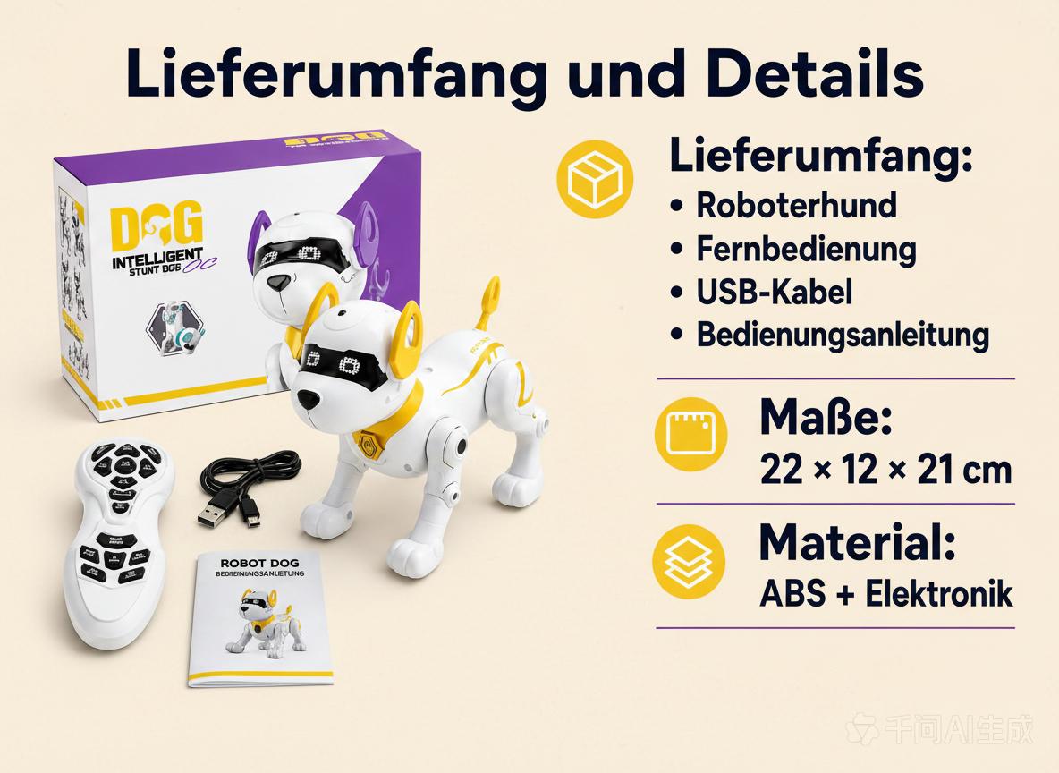 Produktanzeige mit Roboterhund, Fernbedienung, USB-Kabel, Anleitung und Box, inklusive Inhalt und Maßen.