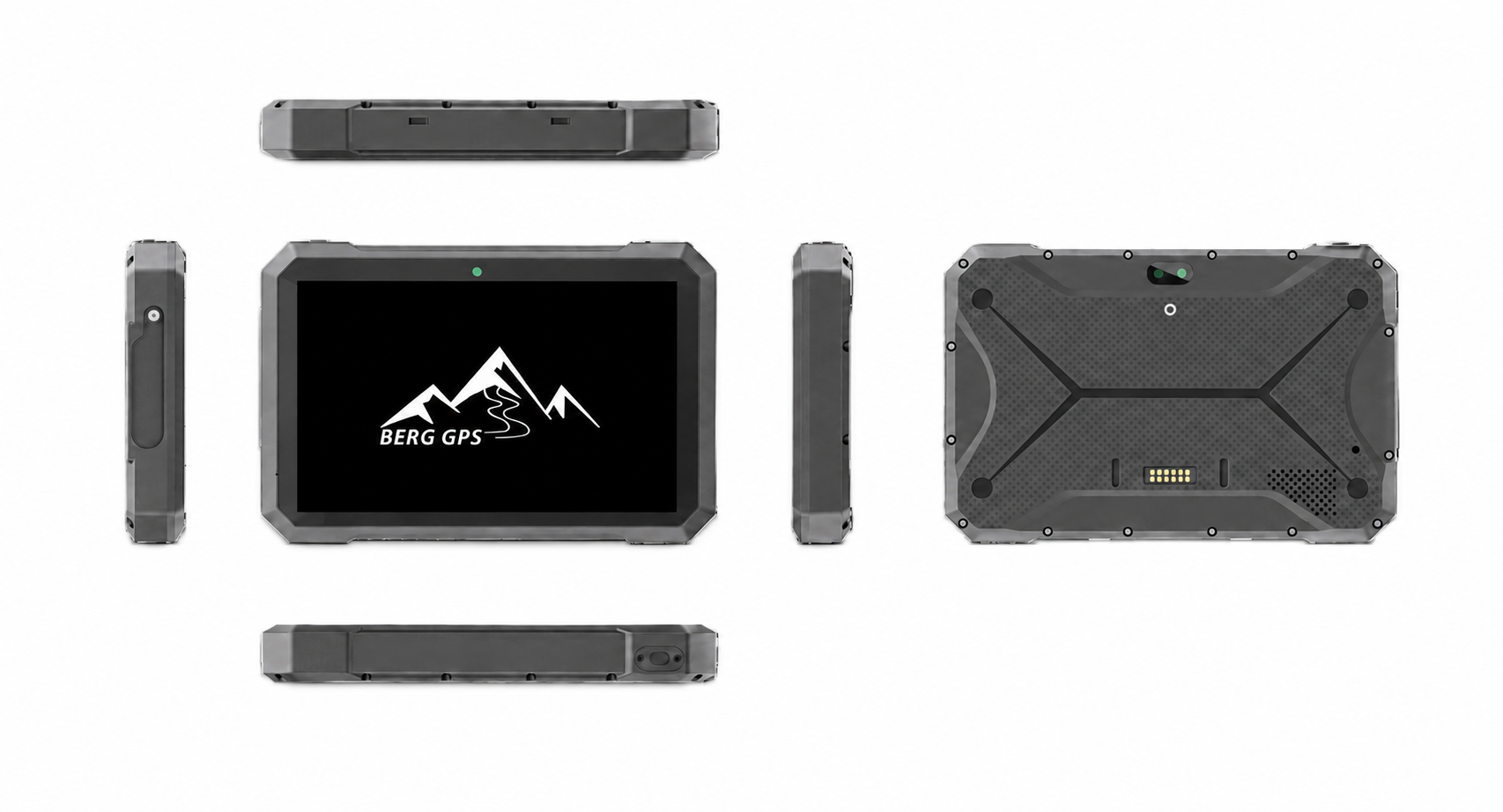 Multi-angle weergave van een robuuste, zwarte BERG GPS-tablet met voor-, achter- en zijaanzichten op een witte achtergrond.
