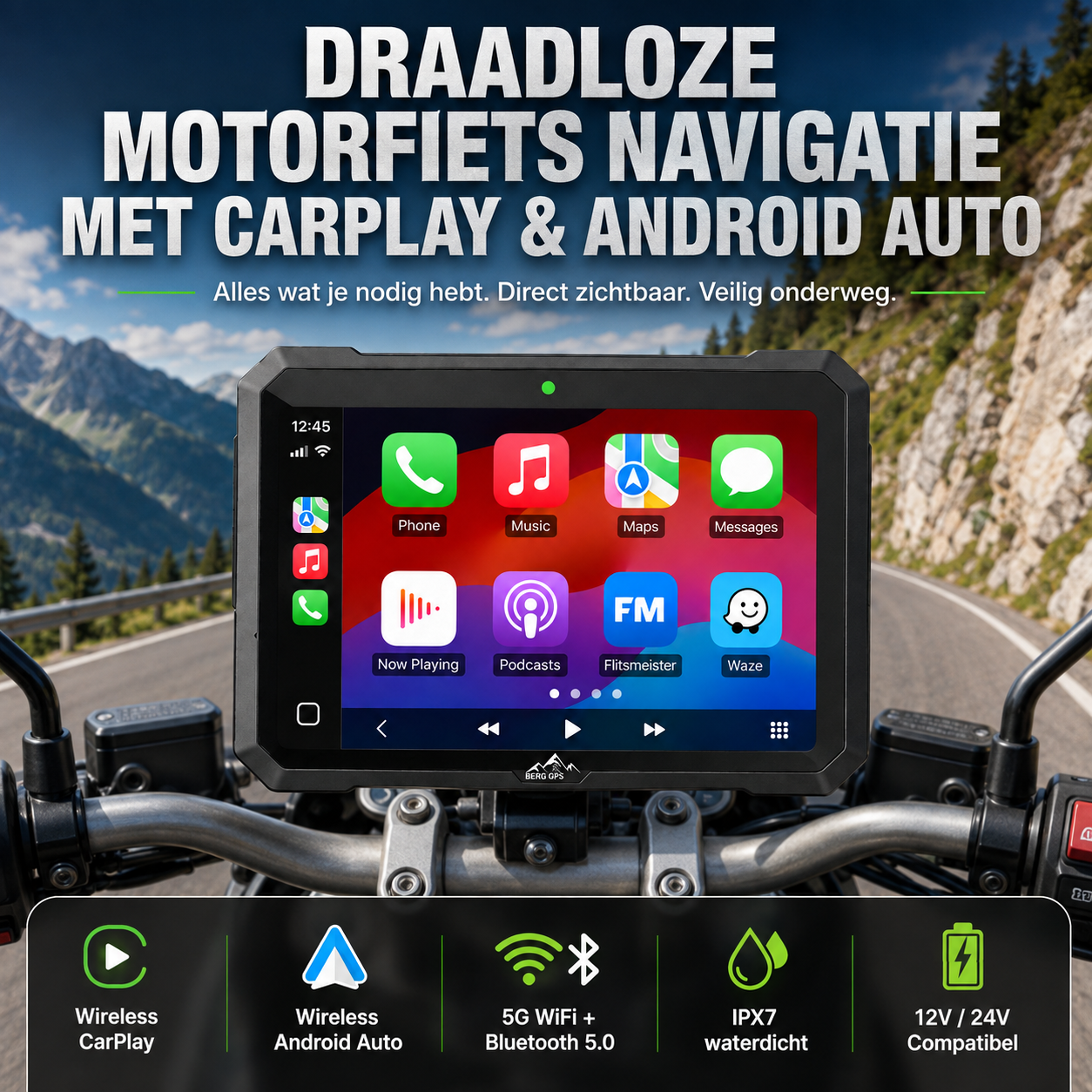 Motorfiets GPS-navigatiescherm met CarPlay en Android Auto, gemonteerd op het stuur tegen een achtergrond van een bergweg.