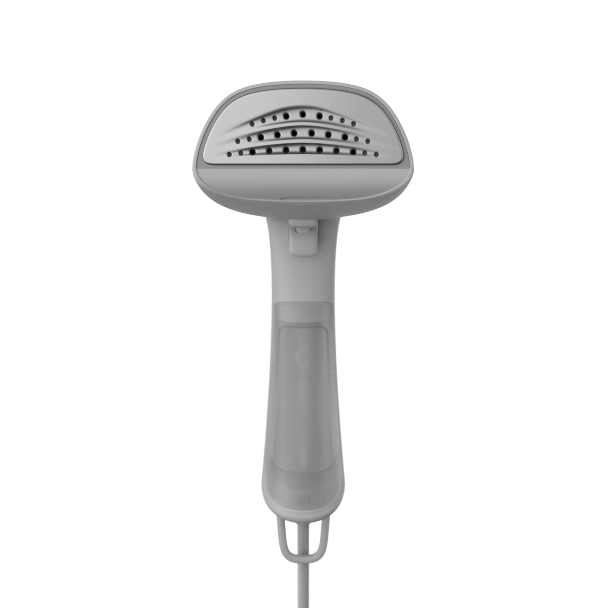 Un vaporizador de prendas portátil gris con depósito de agua y boquillas.