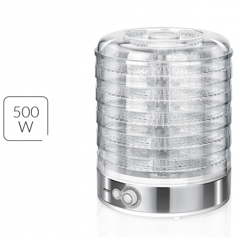 Un deshidratador de alimentos cilíndrico de 500W con bandejas transparentes y base plateada.