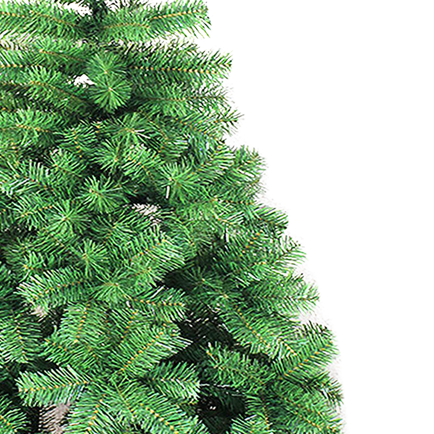Primer plano de las ramas de aguja verde de un árbol de Navidad artificial sobre fondo blanco.