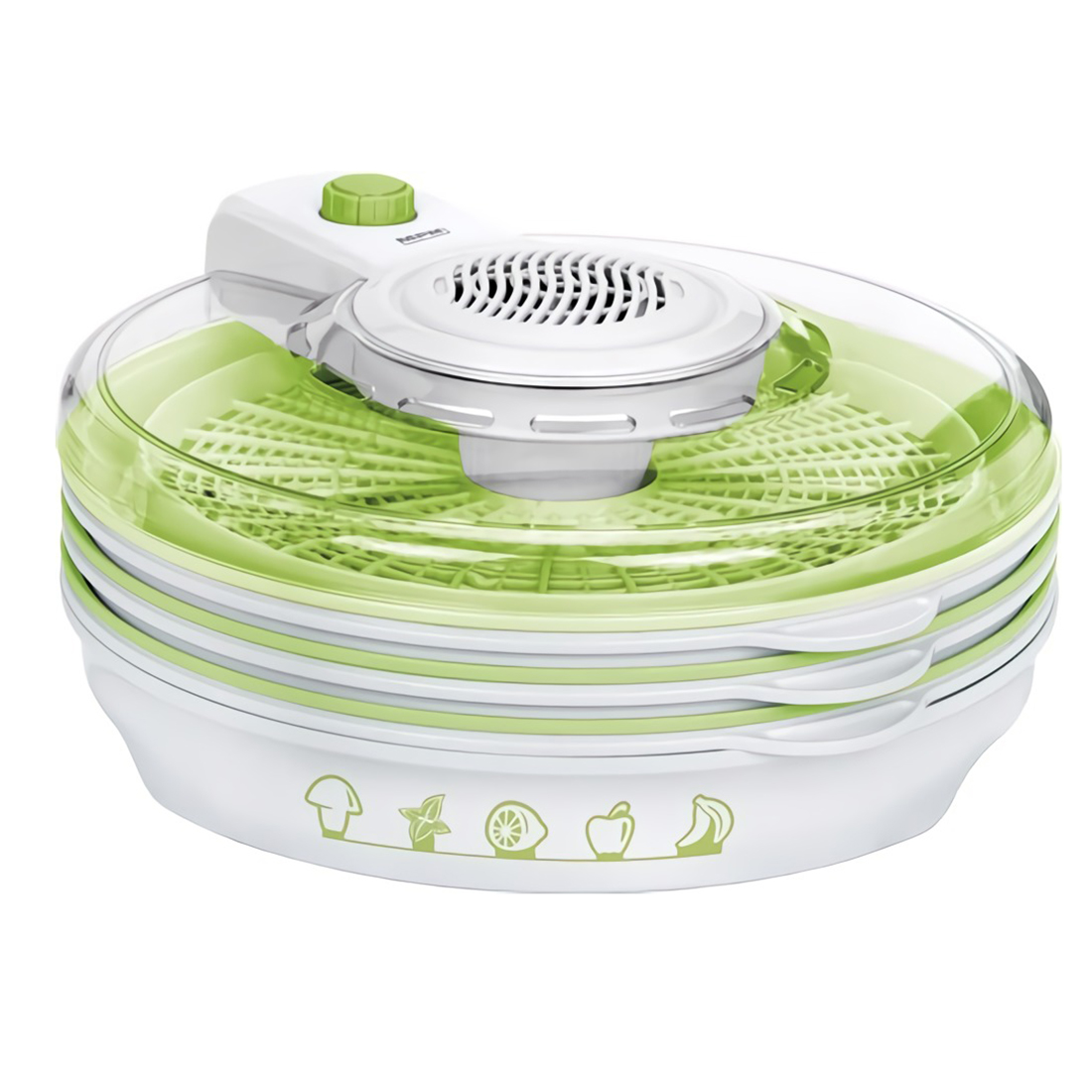 Deshidratador de alimentos blanco y verde con bandejas apiladas y tapa transparente.