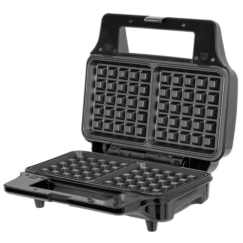 Una piastra per waffle nera aperta con due superfici di cottura quadrate su sfondo chiaro.