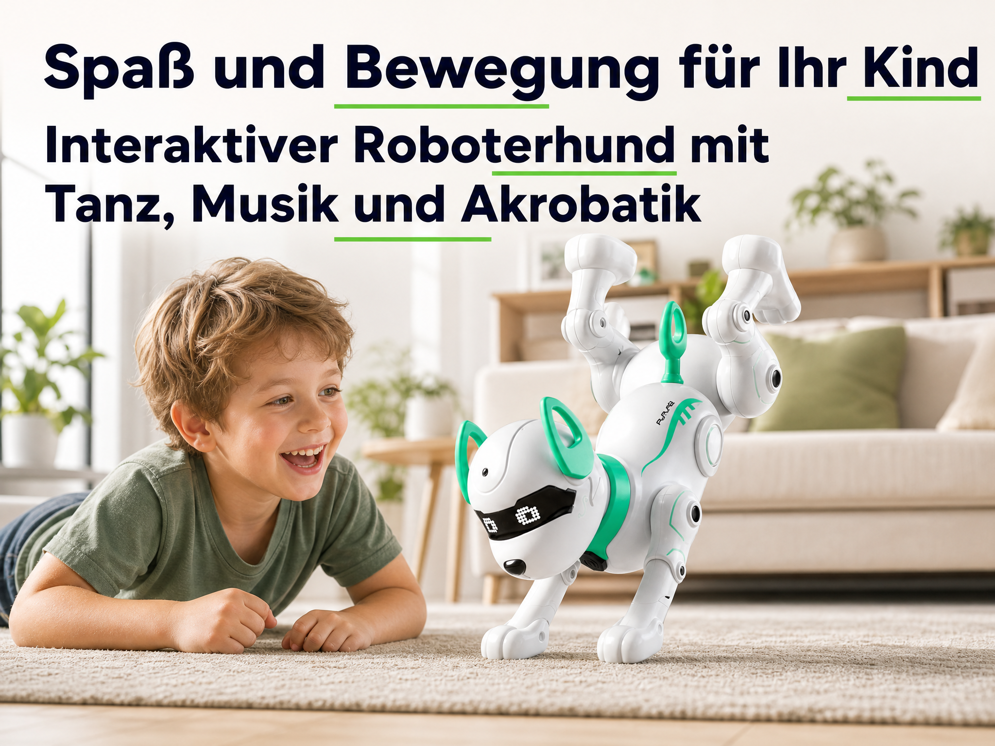 Ein glücklicher Junge liegt auf dem Teppich und beobachtet einen weißen Roboterhund, der Handstand macht.