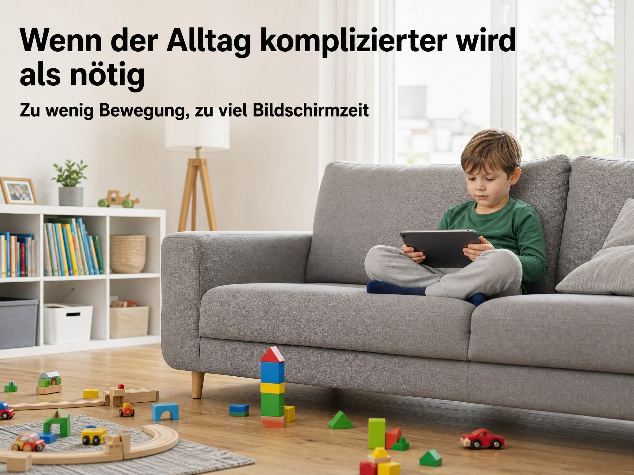 Ein Junge sitzt auf einem Sofa und nutzt ein Tablet, während Spielzeug auf dem Holzboden liegt.