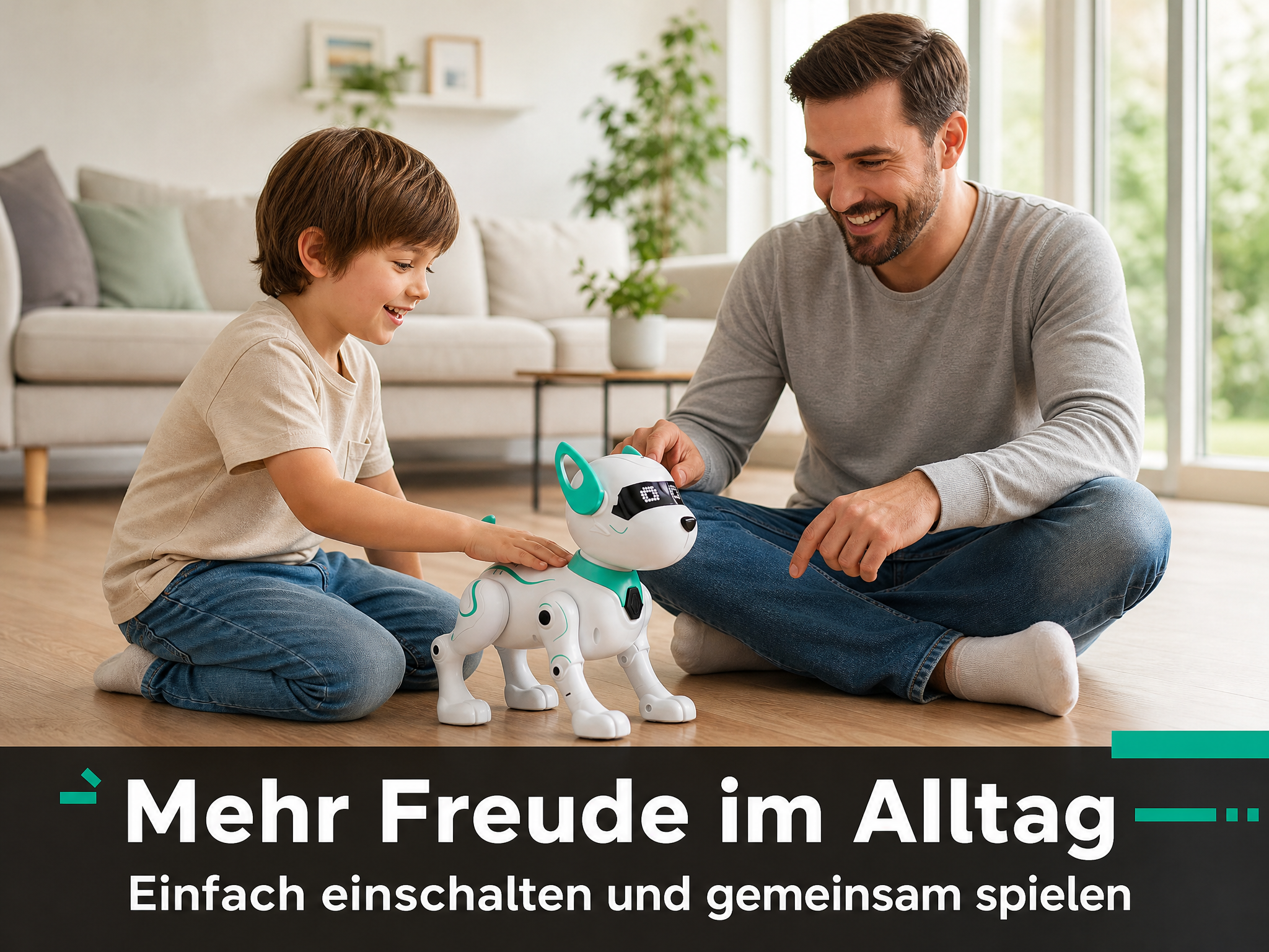 Ein Vater und sein Sohn spielen zusammen auf dem Holzfussboden mit einem weissen Roboterhund.