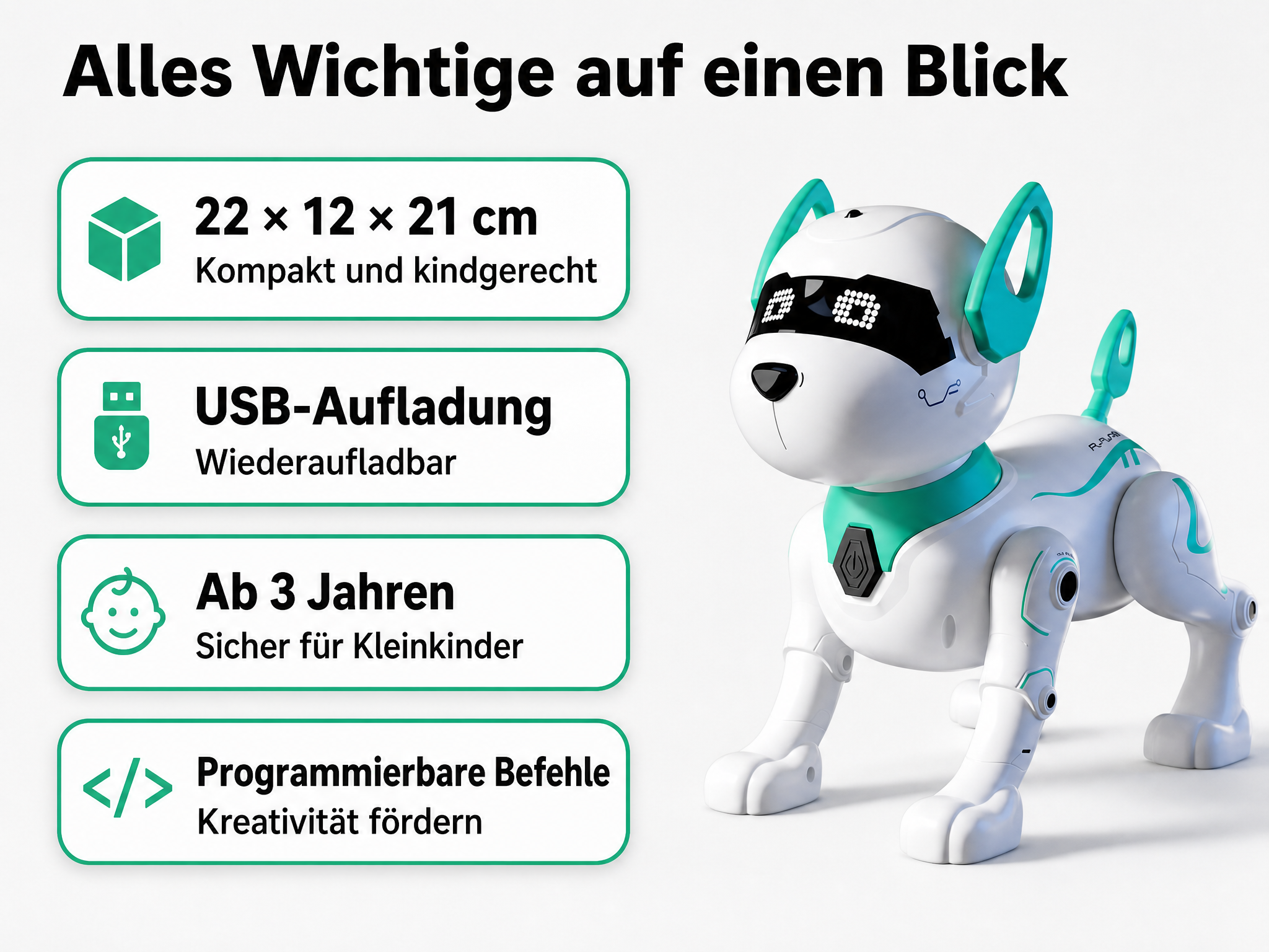 Weiß-türkiser Roboterhund mit USB-Aufladung und programmierbaren Befehlen.