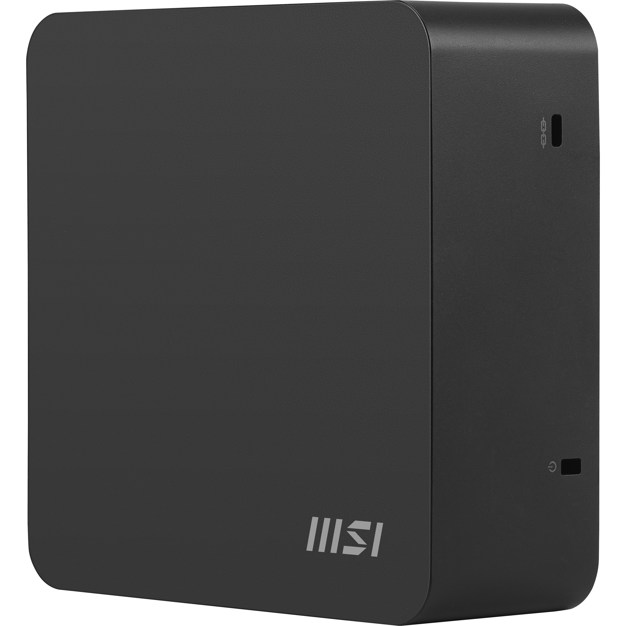 Un alimentatore MSI nero opaco con angoli arrotondati e porte laterali.