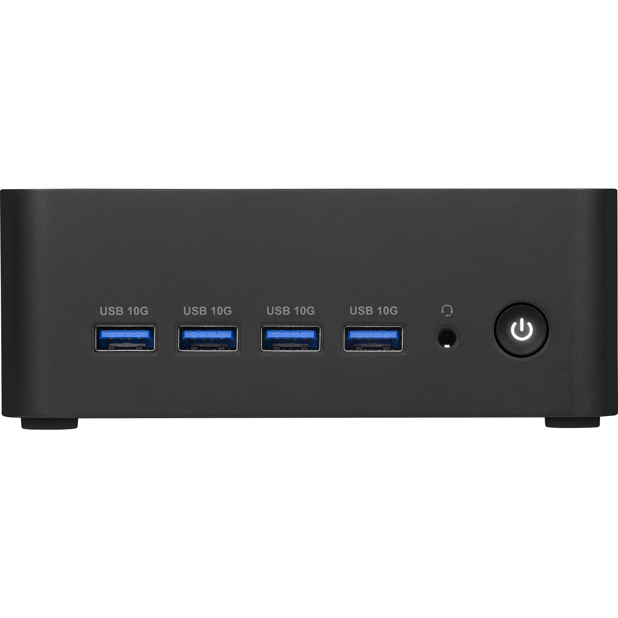 Pannello frontale di un mini PC con quattro porte USB 10G, un jack per cuffie e un pulsante di accensione rotondo.