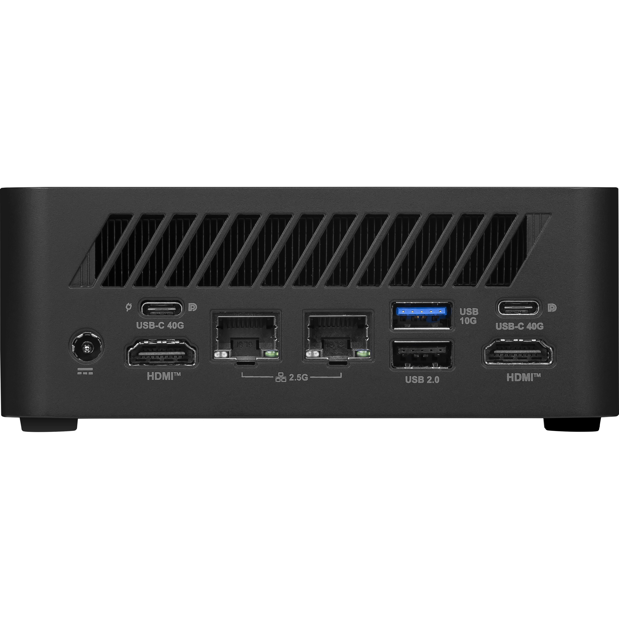 Pannello posteriore di mini PC nero con porte USB-C, HDMI, Ethernet e USB.
